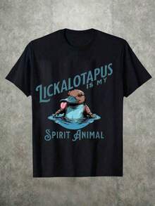 Advanced (Camiseta de Algodón Puro 220G) 1 Pieza, Camiseta Casual de Manga Corta con Cuello Redondo para Hombre, Estampado Gráfico y Texto "Lickalotapus Es Mi Animal Espiritual", Mostrando un Sentido de Individualidad Peculiar, Nuevo Producto - Negro - Ver 7