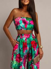 Women's Tropical Floral Print Strapless 2 Piece Outfit Crop Top & Wide Leg Pants - Hot Pink - View 2