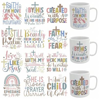 XRTHGS 12 قطعة/طقم ملصقات لاصقة ذاتية للأكواب والزجاجات والديكور المنزلي والأجهزة المحمولة والثلاجات، تصميم أكواب UV DTF، مناسبة للحرف اليدوية (الكوب غير مشمول)