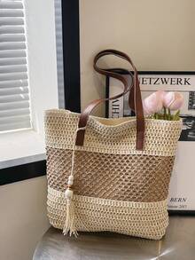 Straw Woven Bag, Vacation Beach Bag, Large Capacity Woven Tote, Shoulder Handbag With Pendant - Beige - View 4