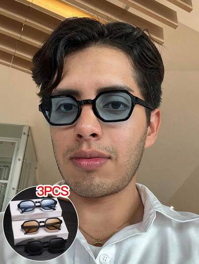 3 PCS Men's Geometric Shape Fashion Glasses Black Polycarbonate Frame Lightweight Snug Fit Casual Style Suitable For Daily Commute With Glasses Box