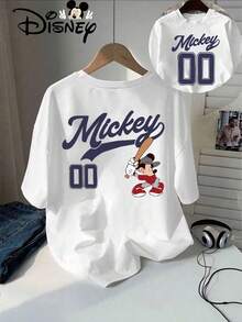 Disney Official Licensed Mickey Mouse Baseball Player Retro Sport Print 220g Cotton Crew Neck Unisex Tee - 白色 - 查看 1