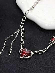 1pc Hip-Hop Red Heart Pendant Necklace, Men's Christmas, New Year, Valentine's Day Holiday Gift - Silver - View 2