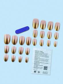 24片短椭圆形亚克力美甲贴片，金色渐变，按压式亚克力纤维假指甲，包含1片果冻胶和1个指甲锉，适合派对、活动和日常佩戴。适合女性和女孩。包含美甲工具。可塑形美甲套装 - 彩色 - 查看 2