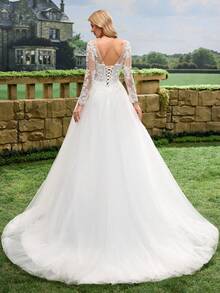 Váy cưới tay dài, thêu ren tinh tế, chân váy voan bồng bềnh, váy cưới trắng, váy cưới kiểu nhà thờ, váy cưới gợi cảm mùa xuân - trắng - Xem 6