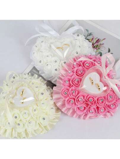 1 chiếc gối đựng nhẫn cưới hình trái tim, ren hoa hồng, đính đá pha lê lấp lánh, kèm nơ ruy băng, hộp đựng nhẫn cưới lãng mạn, quà tặng trang sức cho lễ cầu hôn.