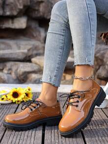 时尚厚底粗跟黑色真皮鞋，英伦风休闲系带女鞋 - 黃色 - 查看 2