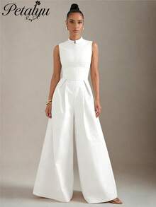 Chic White Sleeveless Jumpsuit For Women, Zipper Front High Waist Flared Leg Long Romper - White - View 1