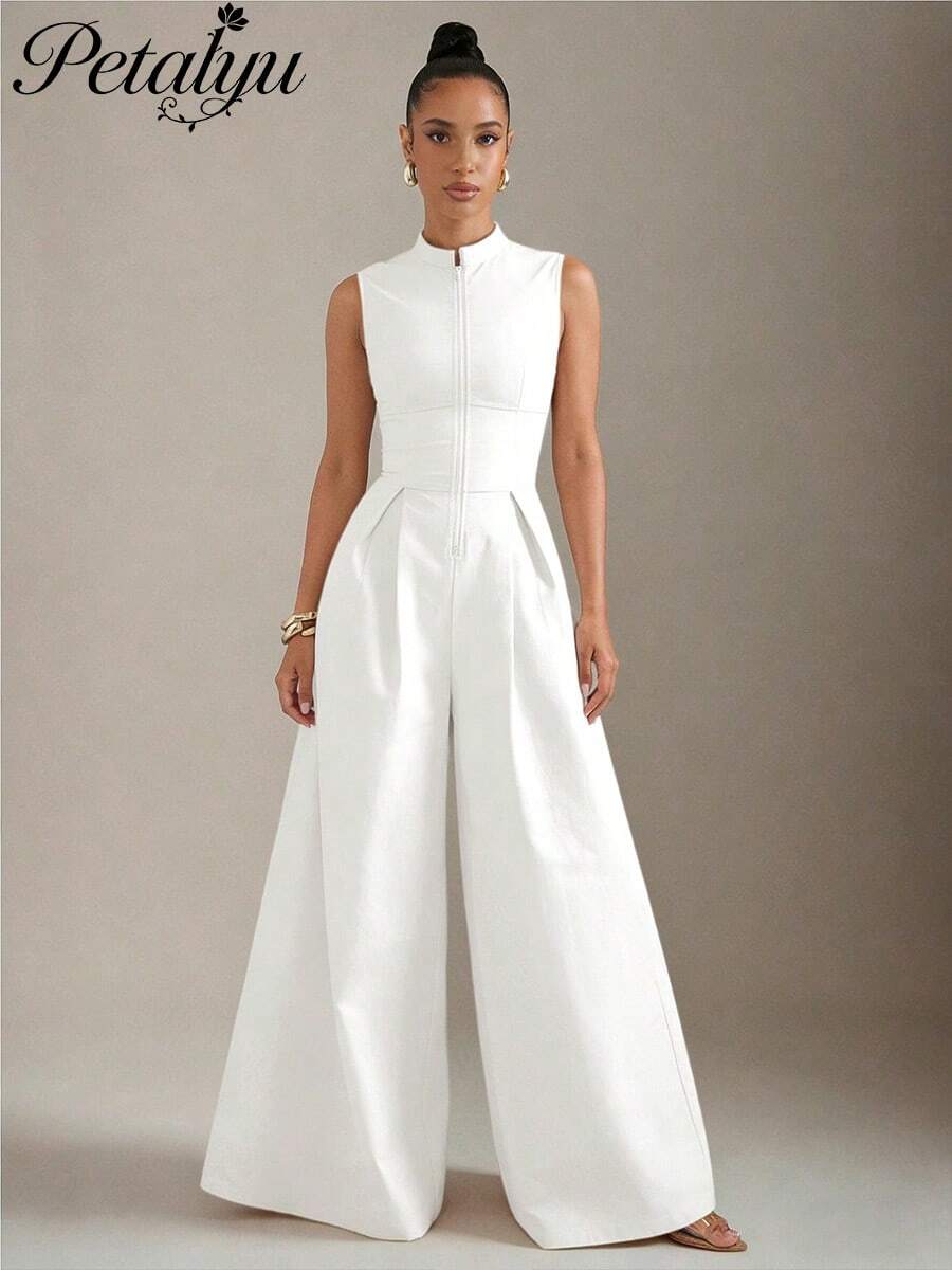 Chic White Sleeveless Jumpsuit For Women, Zipper Front High Waist Flared Leg Long Romper - White - View 1