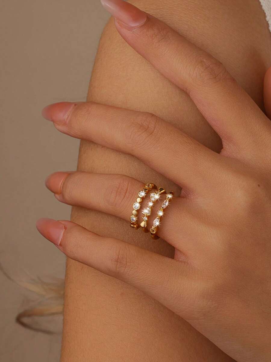 3/6pcs Gold-Tone Four-Leaf Clover, Water Drop, Letter, Heart Shaped Ring Set, Minimalist Design Sweet & Cute, Suitable For Daily Wear, Festivals, Gifts - Multicolor - View 1