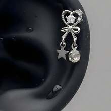 1pc Heart Tassel Titanium Steel Earrings, Shiny Diamond Spiral Earrings, Hypoallergenic, Sweet & Fashionable, Niche Design Earrings, Women's Daily Party Accessories, Jewelry, Best Friend Gift - Silver - View 2