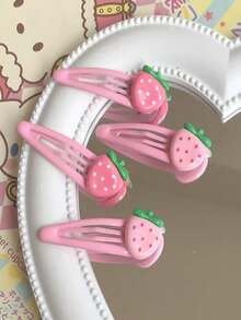 4pcs/Set Cute Strawberry Fruit Hair Clips, Hair Claws, Hair Slide, Hair Barrettes, Hairpin, Accessories - Pink - View 5