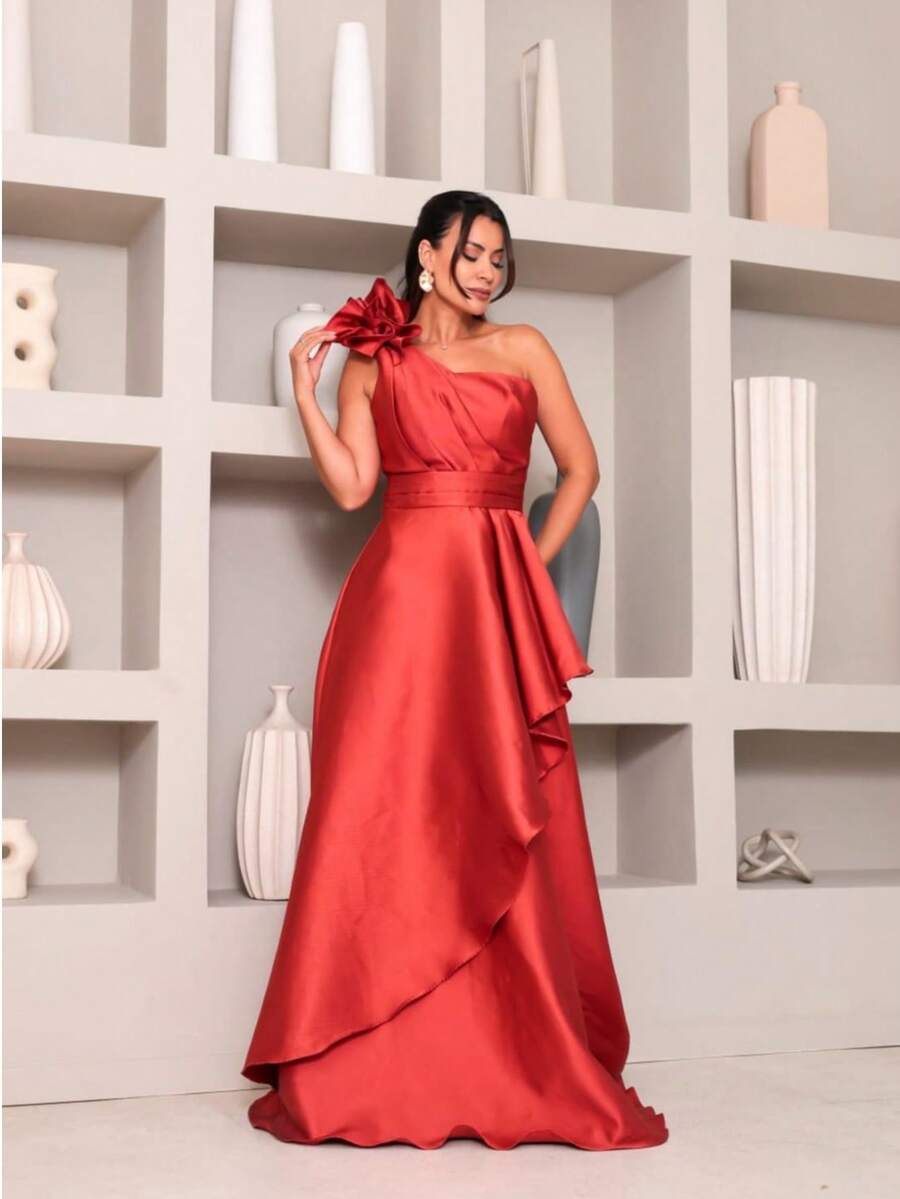 Long Dress With Flower For Graduation, Party, Wedding, Evening. - Naranja Quemada - Ver 1