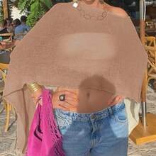 Women Sheer Mesh Poncho Top Crochet Knit Lightweight See Through Shawl Wrap Summer Oversized Loose Shrug Beachwear Swimsuit Bikini Cover Ups - 卡其色 - 查看 7