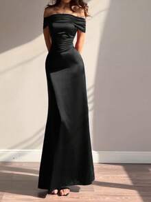 WOWDARK Women's Summer Off-Shoulder Tie Strap Solid Color Elegant Party Dress Black Wedding - Black - View 2