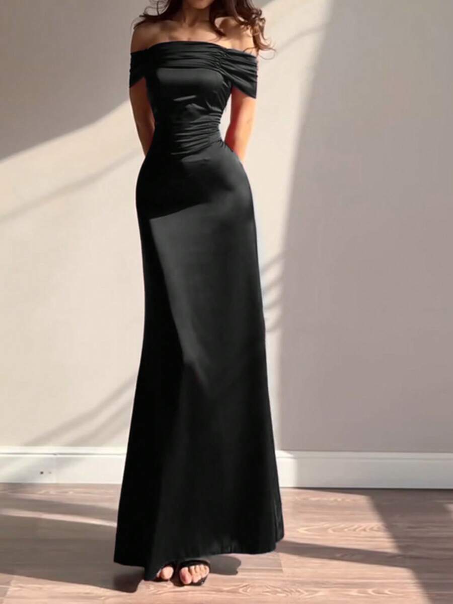 WOWDARK Women's Summer Off-Shoulder Tie Strap Solid Color Elegant Party Dress Black Wedding