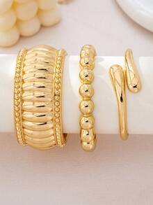 3pcs/Set Fashion Minimalist Gold-Tone Asymmetrical Water Drop Thick Textured Bangle Bracelet Set, Suitable For Women, Chunky Smooth Matte Heavy Metal & Zinc Alloy Material Bracelet Set, Valentine's Day Gift - Yellow Gold - View 2