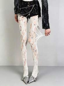 1 par de meias arrastão vintage vazadas estilo gótico/emo, leggings sexy estilo anos 2000 com patchwork de renda, conjunto de 2 peças: meia-calça cinza vazada com estampa de estrelas e meia-calça branca, meias longas grunge punk e estilo e-girl, perfeitas para festas e comemorações. - Multicolorido - Ver 4