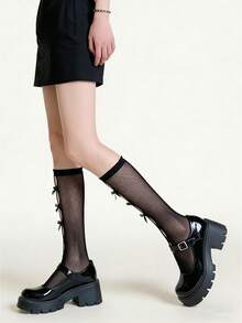 1双洛丽塔黑白过膝袜，蝴蝶结镂空设计，可爱法式女仆风腿套 - 彩色 - 查看 3