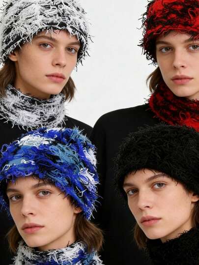 4pcs/Set Distressed Knit Beanie Hats, Fluffy Warm Winter Caps, Thickened Insulation, Skull Pattern, Men's Outdoor Ski Knit Hats, Suitable For All Seasons