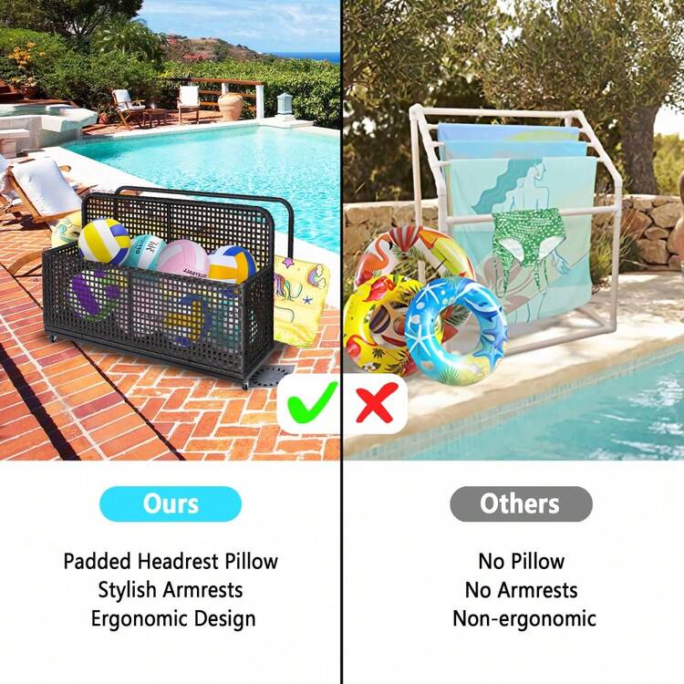 Organizador Exterior de Ratán PE con Ruedas, Cesta Portátil y Resistente para Piscina, Almacenaje para Flotadores, Toallas y Juguetes, Uso en Patio y Terraza - Negro-marrón - Añade 4