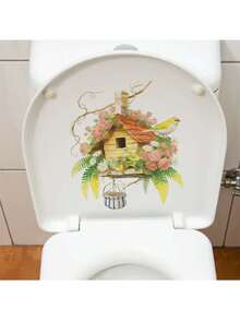1pc Cute Bird & Birdhouse Toilet Sticker, Fairytale Bathroom Decal, Self-Adhesive Removable PVC Material, Create Dreamy Bathroom Or Restroom, Applicable For Toilet Area, Shower Wall Or Cabinet, Instantly Brighten Up Your Rental Apartment Bathroom - Birds and Flower House - View 5