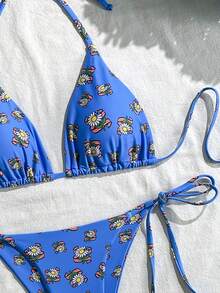 Women's Summer Beach Floral Print Halter Neck Tie Bikini Top And Triangle Bottom Two-Piece Swimwear Set - Blue - View 2