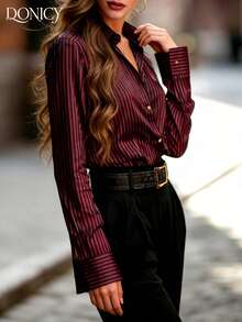 DONICY Women's Spring/Summer Burgundy Striped Lapel Single-Breasted Shacket, Fashionable Elegant Retro Luxury Outerwear For Casual, Business, Date, Party, Music Festival, Social Gathering - Burgundy - View 4