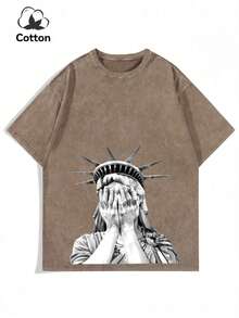 Camiseta de Cuello Redondo para Hombre, Talla Grande, Estampado Oscuro de la Estatua de la Libertad y Estilo Y2K, Manga Corta para Uso Diario, Primavera/Verano, Estilo Emo - Blanco - Ver 2