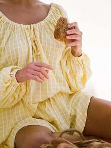 Women Plaid Outfit, Long Sleeve Tie-Up Crew Neck T-Shirt With Elastic Waist Shorts Summer Outfit - 黃色 - 查看 3