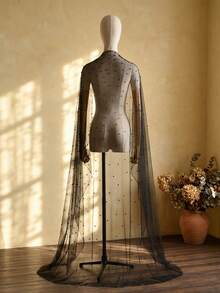 黑色串珠新娘披肩斗篷珍珠婚礼披肩斗篷新娘披肩串珠上衣婚礼披肩配饰 - 黑色 - 查看 3