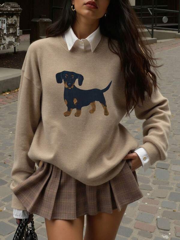 Women's Casual Warm Faux Wool Sweater, Puppy Print, Merry Christmas, Chinese New Year, Valentine's Day, Back To School Clothes, School Outfit Ideas, Back To School Essentials, First Day Of School Outfit, Back To School Outfits 2026 Spring