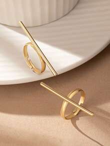 2pcs Stainless Steel 18K Gold Plated Elegant Line Design Ring Set, Suitable For Women's Daily And Holiday Wear - Multicolor - View 4