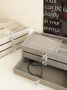 Velvet Jewelry Box With Acrylic, 3 Layers, Drawers, Dividers, Three-Tier Jewelry Box - Beige/Gray - View 2