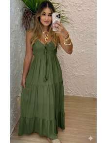 Women's Long Dress, Flowing Style, Thin Straps, V-Neck With Front Tie, Elastic Back - Fits Sizes 36 To 42. - Verde Musgo - 查看 2