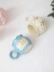 1pc Creative Handmade Asymmetrical Shaped Round Ceramic Milk Coffee Mug With Floral Relief Painting - Multicolor - View 5