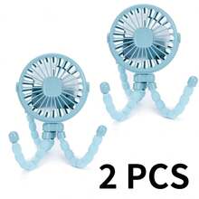 2个章鱼造型婴儿车风扇，USB充电静音便携手持可折叠旅行风扇带LED夜灯，多功能桌面风扇角度可调可弯曲旋转 - 藍色2件 - 查看 11