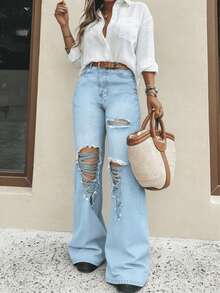 Pantalones vaqueros anchos sueltos y versátiles de mujer con diseño de bolsillos Pantalones De Mujer Mezclilla Anchos Vestir Flojos Casual Cargo De Algodón Acampando En Oferta Baggy Curvy Elegante - Azul oscuro - Ver 5