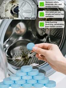 1/10/20/50/100 片洗衣机清洁片 - 深度清洁滚筒和洗涤周期，适用于滚筒式洗衣机、顶置式洗衣机和 HE 洗衣机 - 有助于去除残留物、宠物毛发和硬水积垢 - 藍色 - 查看 11