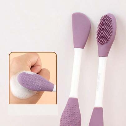 1 pieza Cepillo de silicona de doble cabezal color púrpura para mascarilla facial, cepillo de limpieza y masaje facial, aplicador de mascarilla de barro para limpieza profunda de poros, cepillo facial multifuncional para maquillaje, uso doméstico y de viaje, regalo conveniente, apto para hombres y mujeres