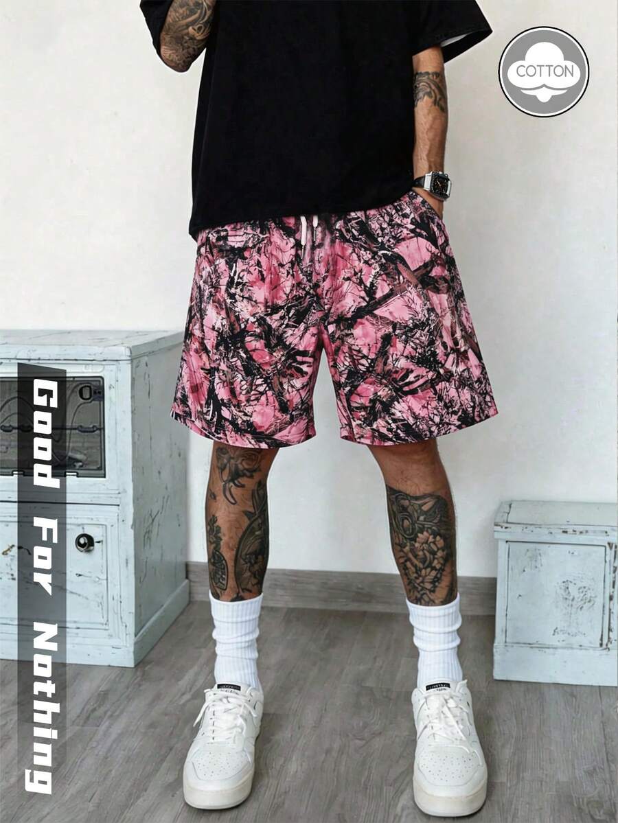 宽松版型树枝印花男士休闲短裤，透气夏季街头风，粉色 - 粉色 - 查看 1