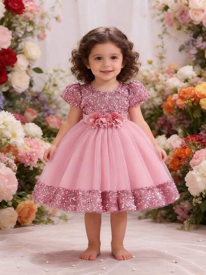 1 chiếc đầm dự tiệc tay phồng đính sequin lấp lánh họa tiết hoa, thích hợp cho biểu diễn, tiệc sinh nhật.