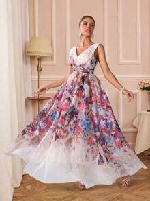 Bohemian Style Sleeveless Deep V-Neck Printed Long Bridesmaid Dress With Ruffle Details - Multicolor - View 4