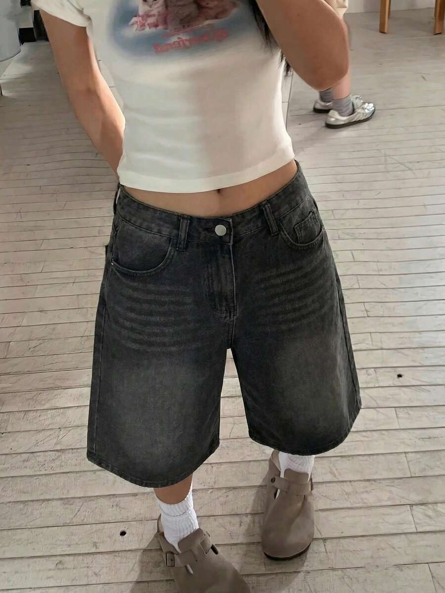 女士宽松时尚直筒百慕大短裤休闲黑色夏季款 - 黑色 - 查看 1