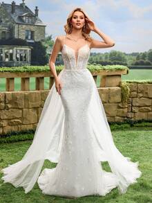 Plant Embroidery Mesh Fishtail Hem Backless Strap Wedding Dress - White - View 4