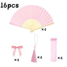 16/8件套粉色婚礼回礼扇套装，女士折叠手扇，粉色蝴蝶结，流苏，透明袋，婚礼派对装饰。适合作为新娘礼物、婚宴、生日派对、伴娘拍照道具、夏季扇子、活动及派对用品，多件套派对回礼包 - A - 查看 12