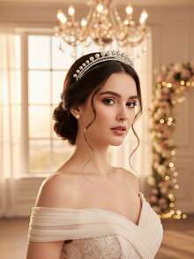 1件银色珍珠水钻双层皇冠，经典新娘婚礼头饰，正式场合皇冠 - 銀色 - 查看 2