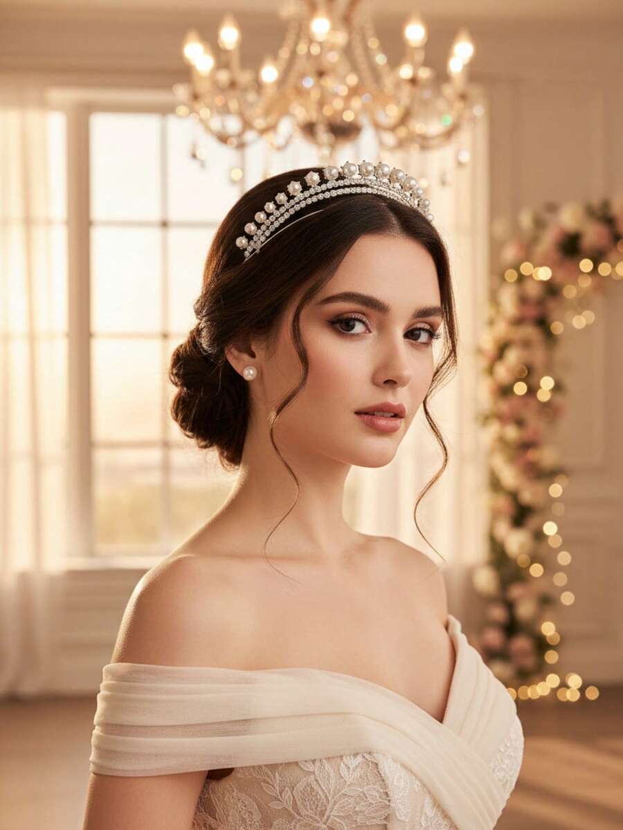 1件银色珍珠水钻双层皇冠，经典新娘婚礼头饰，正式场合皇冠
