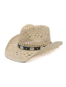 1pc Western Cowboy Hat, Hollow Floral Woven Straw Hat, Spring/Summer Travel Sun Protection Beach Hat, Casual Sun Hat (After Receiving The Product, If The Brim Is Deformed, It Needs To Be Manually Adjusted Back),Holiday,Festival - MZ3056+ML02 - View 3