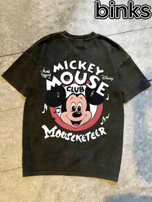 Disney Mickey Mouse  Pattern Printed Short Sleeved T-Shirt, Washed With Water To Create A Vintage Style, Breathable, Loose, And Casual, Suitable For Daily Home Use, Spring And Summer Men's Short Sleeved Tops. - 黑色 - 查看 2